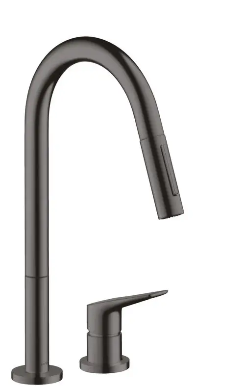 Küchenmischer von AXOR mit Ausziehbrause, in Brushed Black Chrome, bestehend aus einem hohen Auslauf und einem separaten Hebel.